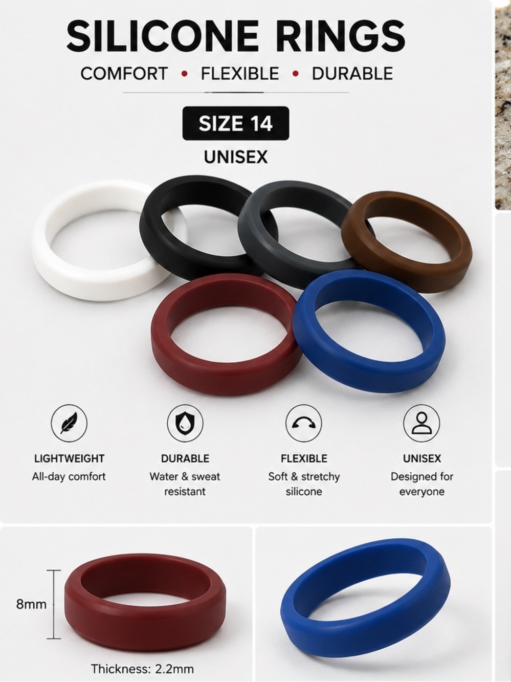 7pc Unbranded Men's Silicone Rings - Multi-Color Pack (Size 14)